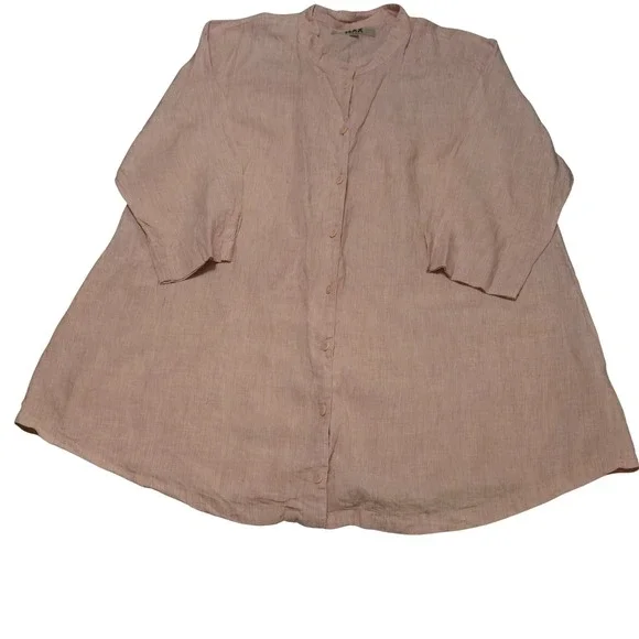 FLAX Linen Tunic Top Womens 1G Dusty Pink Button Down Mandarin Collar 3/4 Sleeve - Picture 1 of 8